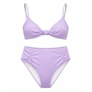 Lavender Eyelet Knot Front High Waisted Bikini Set Purple 1XL Plus Size Swimwear